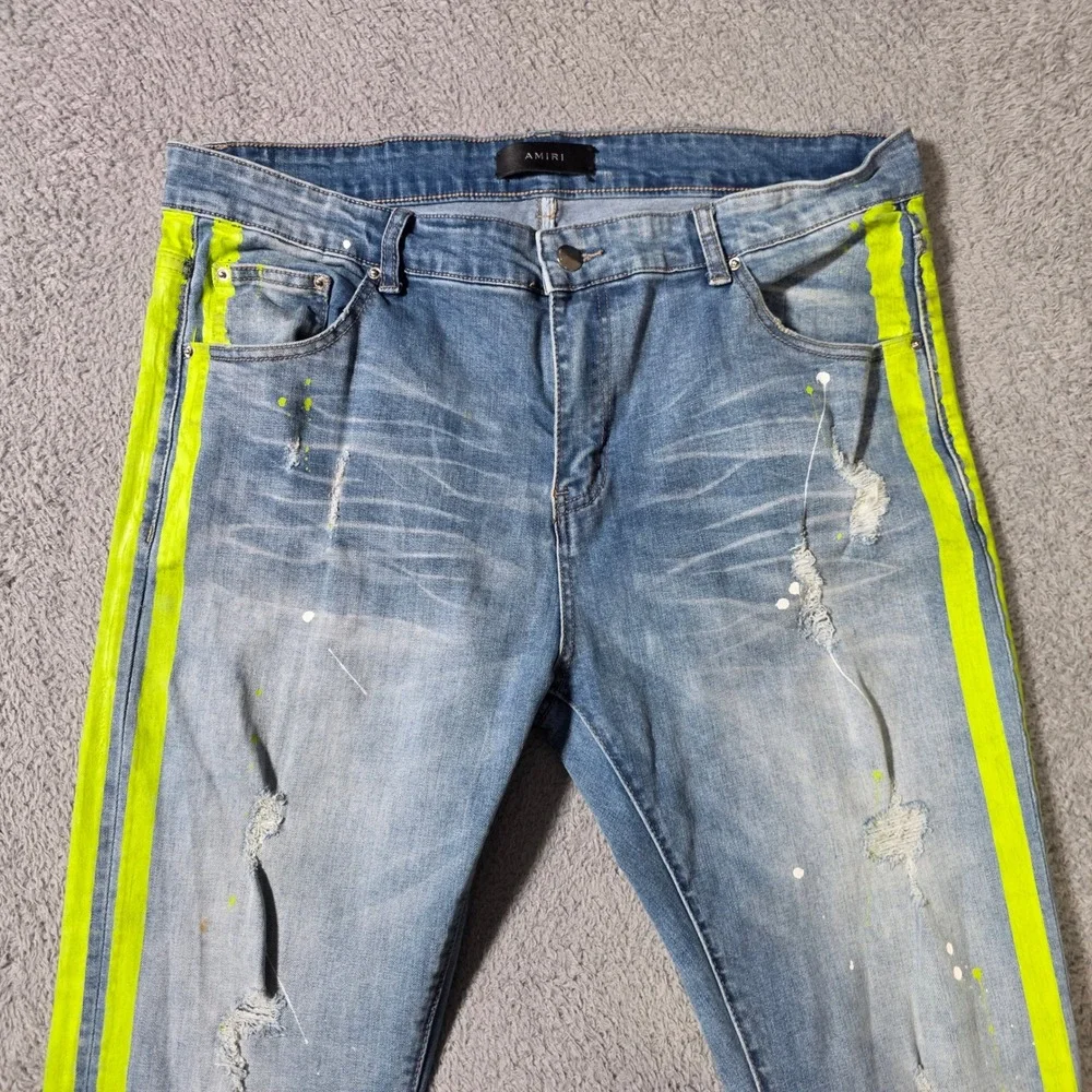 Amiri Mens 38 MX1 Distressed Jeans Light Blue Neon Yellow Stripe Paint Splatter